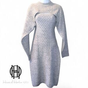 NWT House of Harlow 1960 Grey Cableknit Sweater Dress Set Cropped Shrug  | Sz M